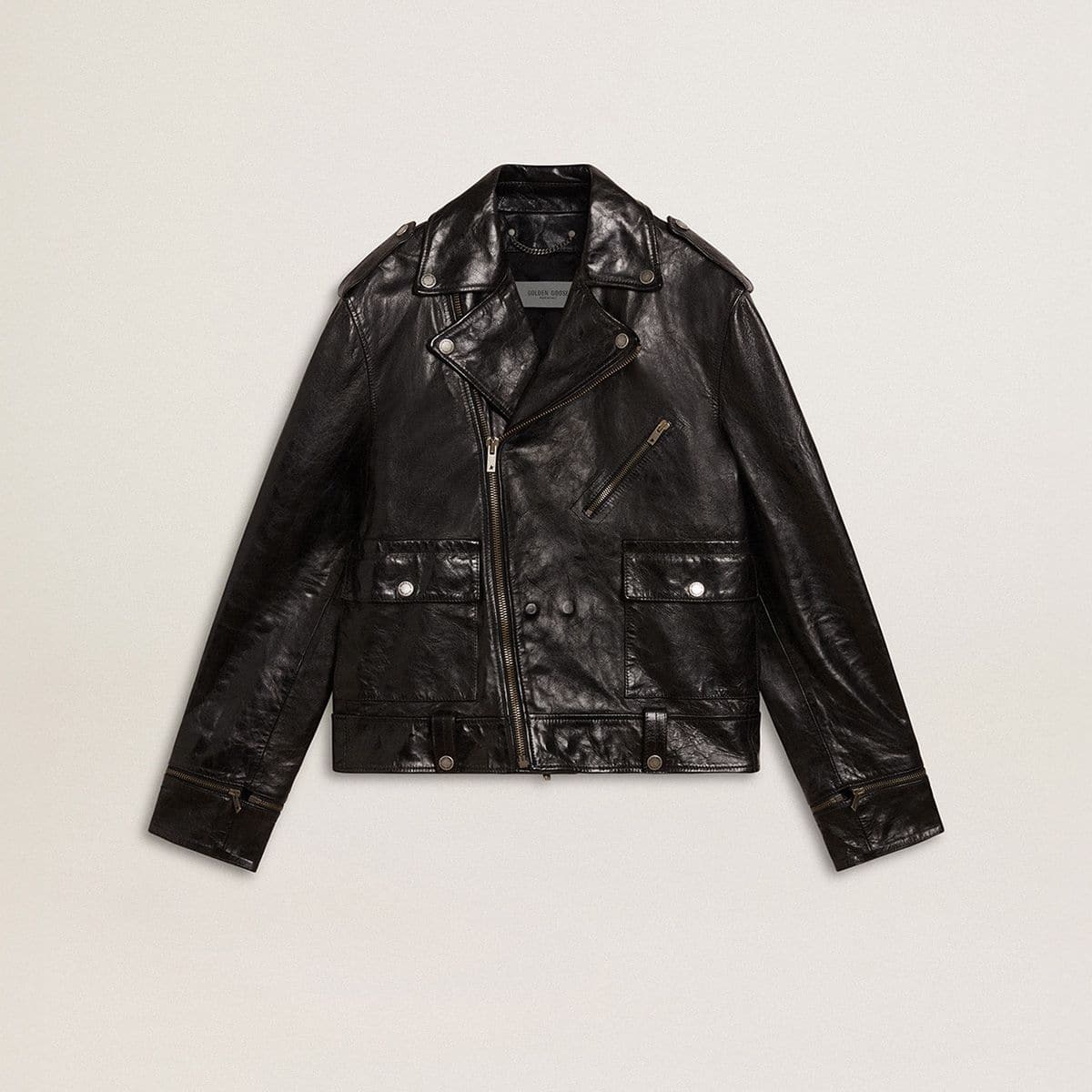 Men’s-black-leather-biker-jacket-with-glossy-effect