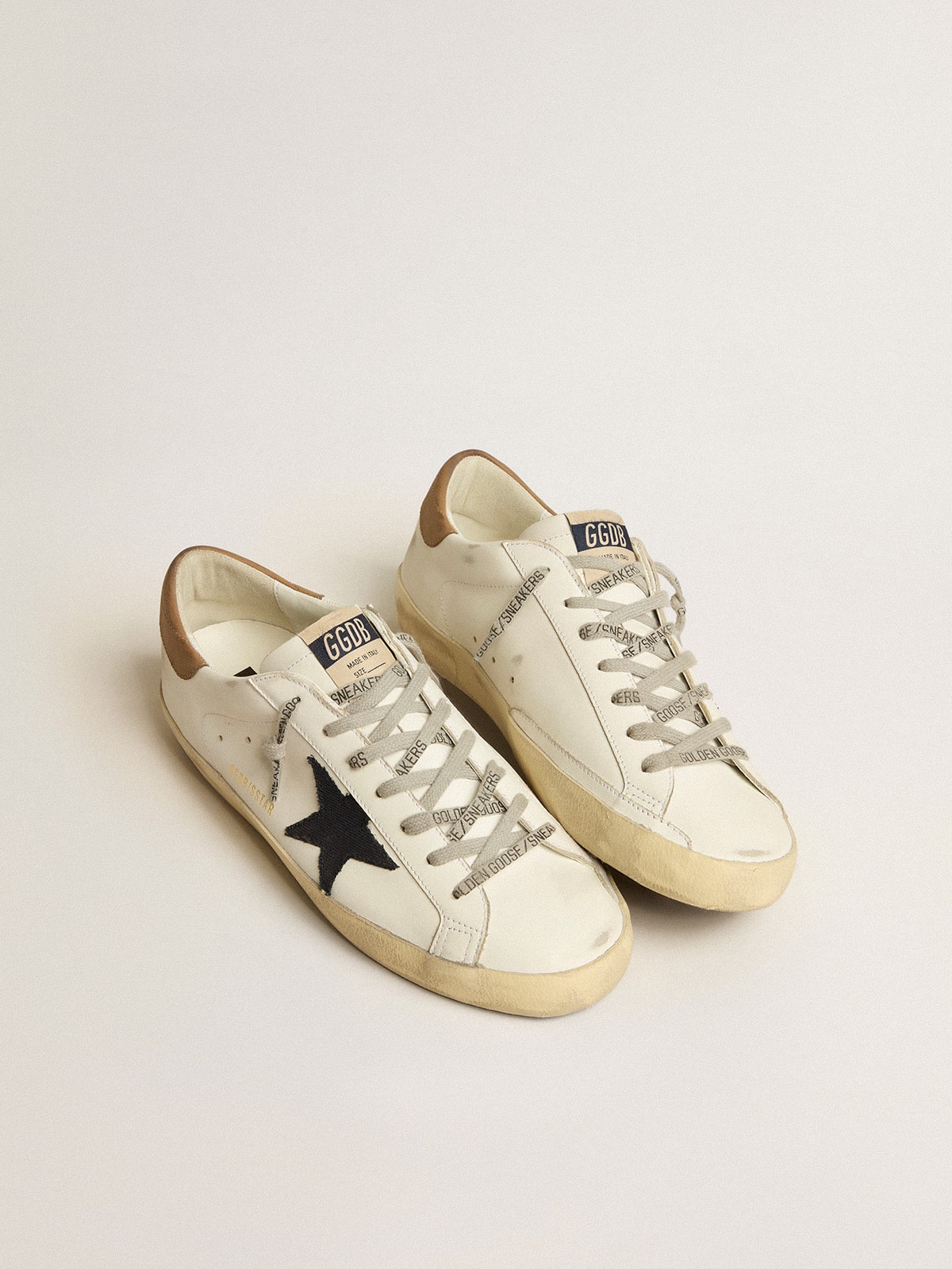 Golden Goose - Super-Star in white leather with midnight-blue canvas star and tobacco leather heel tab in 