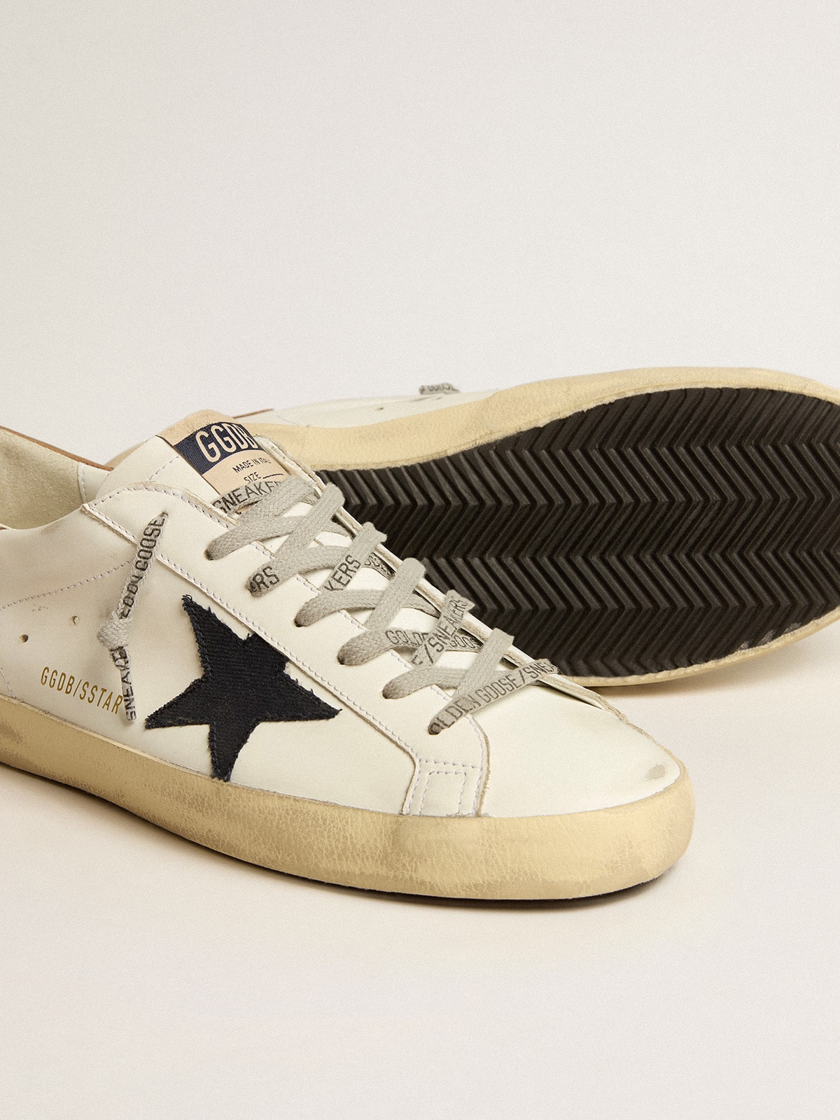 Golden Goose - Super-Star in white leather with midnight-blue canvas star and tobacco leather heel tab in 