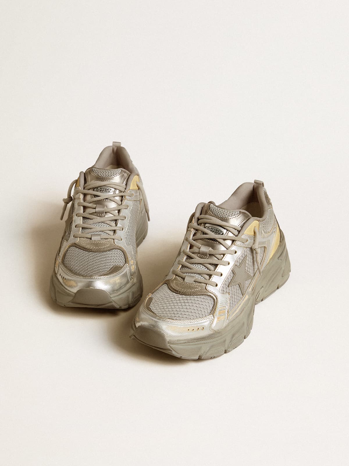 Golden Goose - Men’s Lightstar in metallic leather and silver mesh with gray star in 