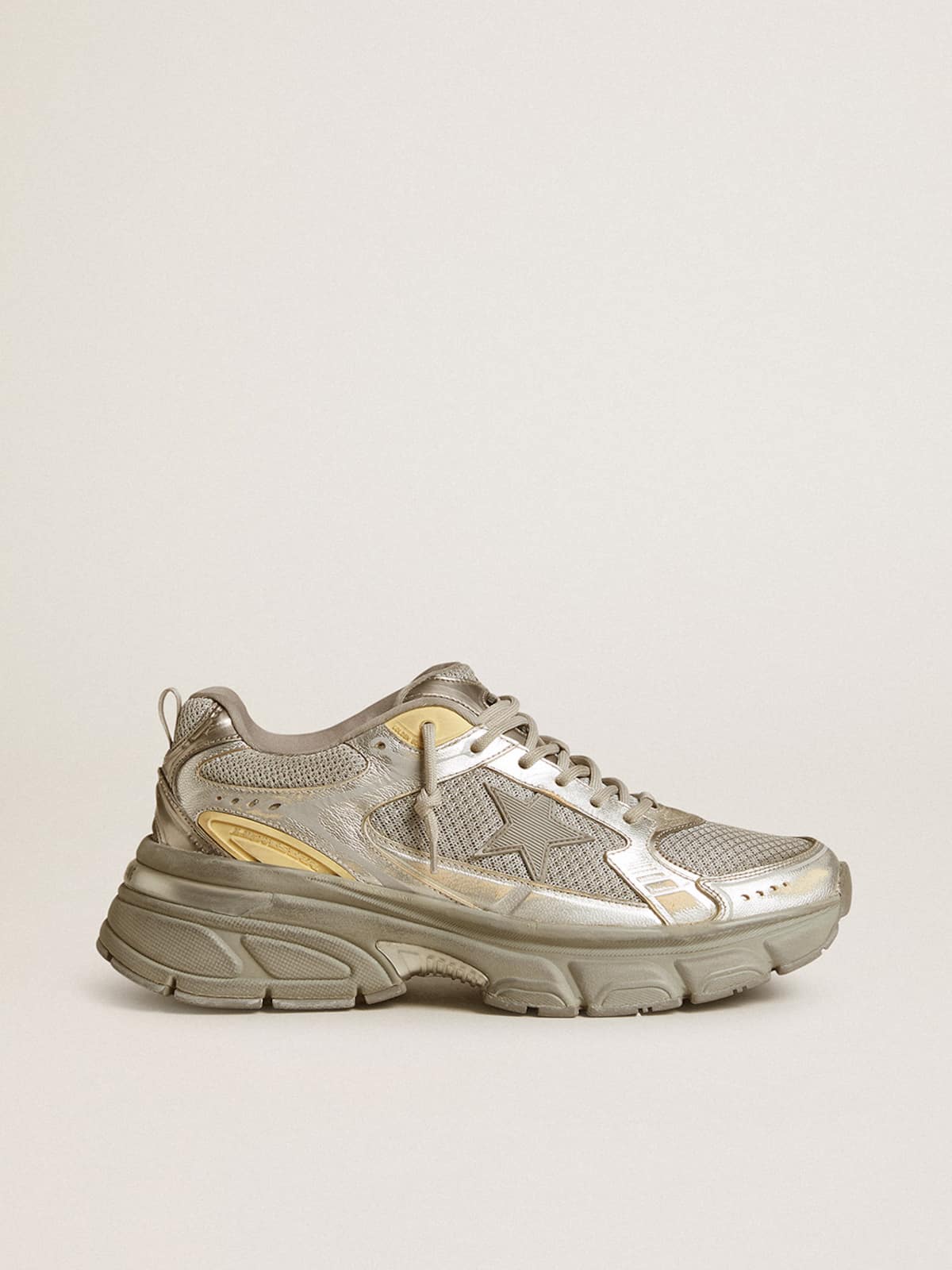 Golden Goose - Men’s Lightstar in metallic leather and silver mesh with gray star in 