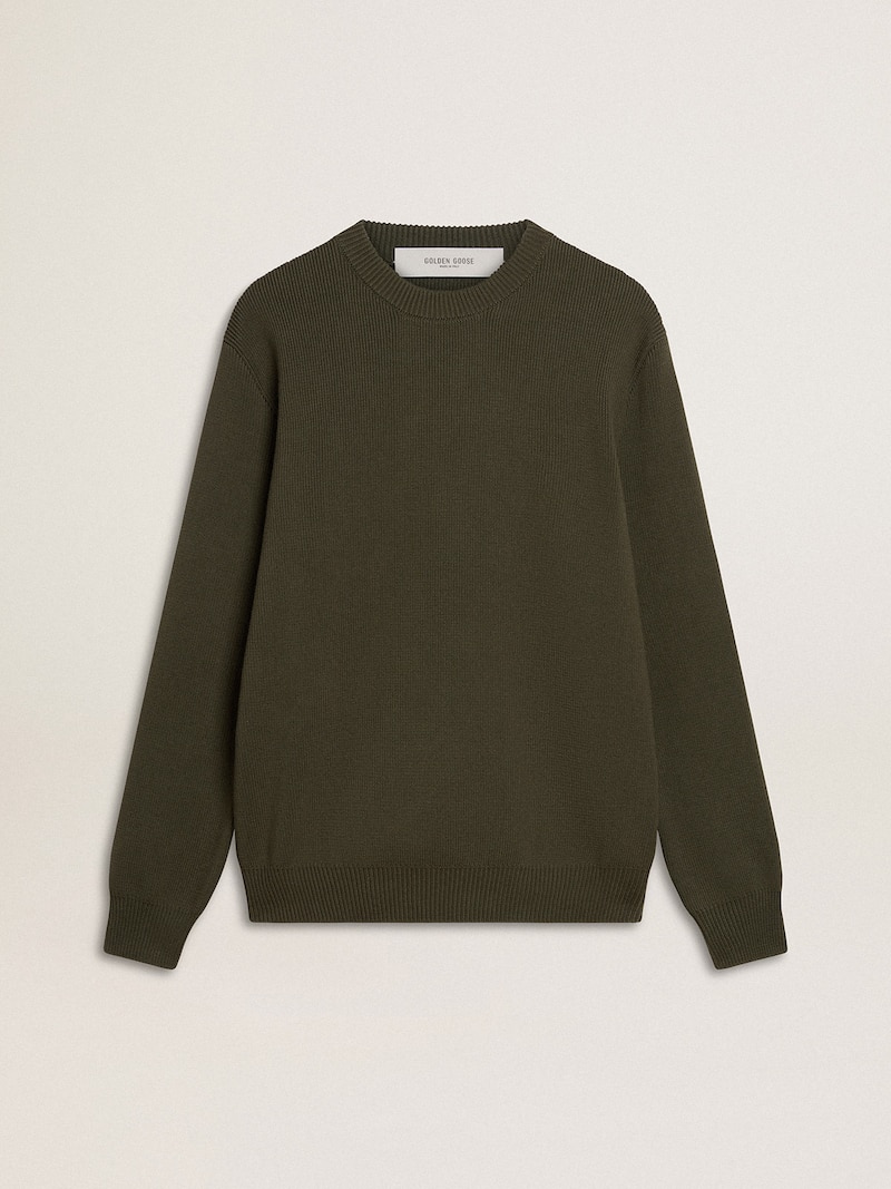 Men's military green crew neck sweater with 'Golden' lettering on the back