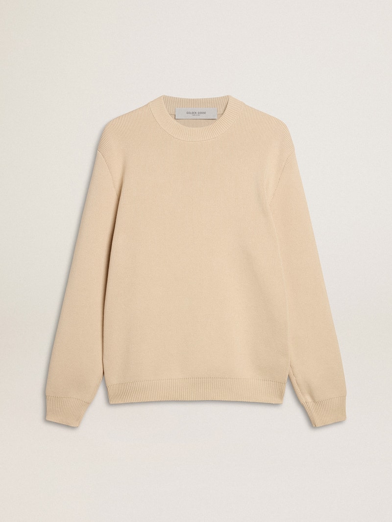 Men’s beige crew neck sweater with ‘Golden’ lettering on the back