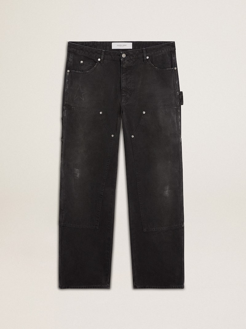 Men's distressed black cotton jeans with front patches