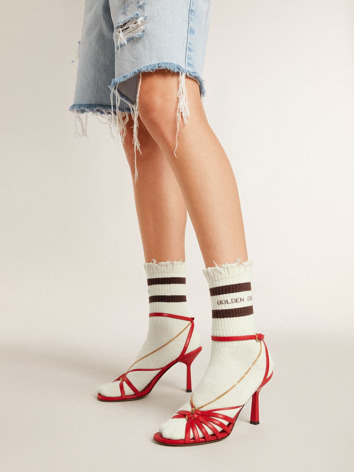 Golden Goose - Worn-white socks with distressed details and brown stripes in 