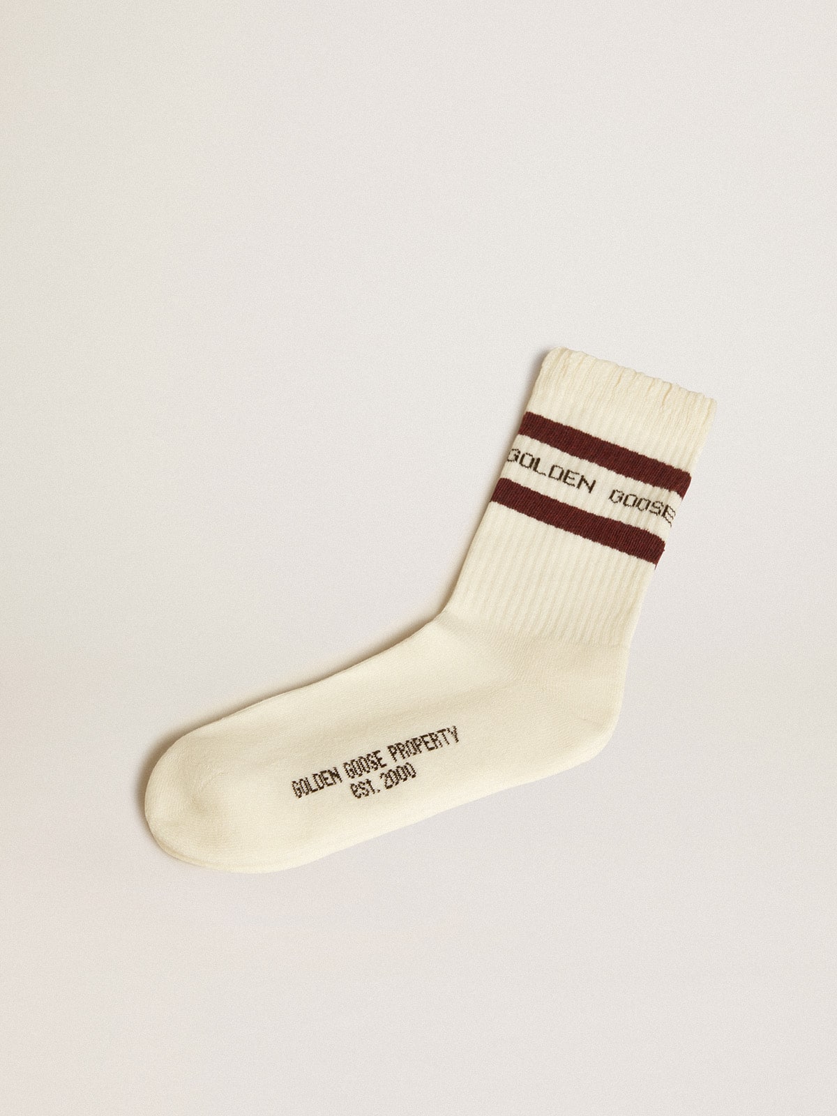 Golden Goose - Worn-white socks with distressed details and brown stripes in 