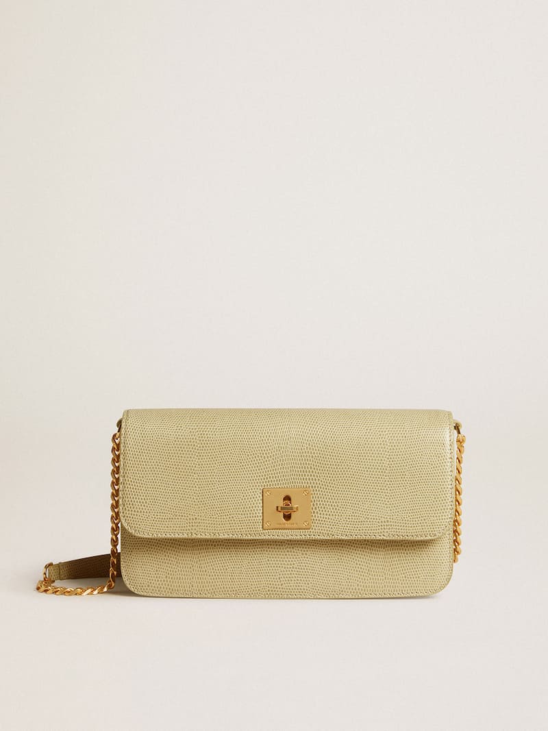 Gioia Bag in mineral-gray sheepskin leather with gold details