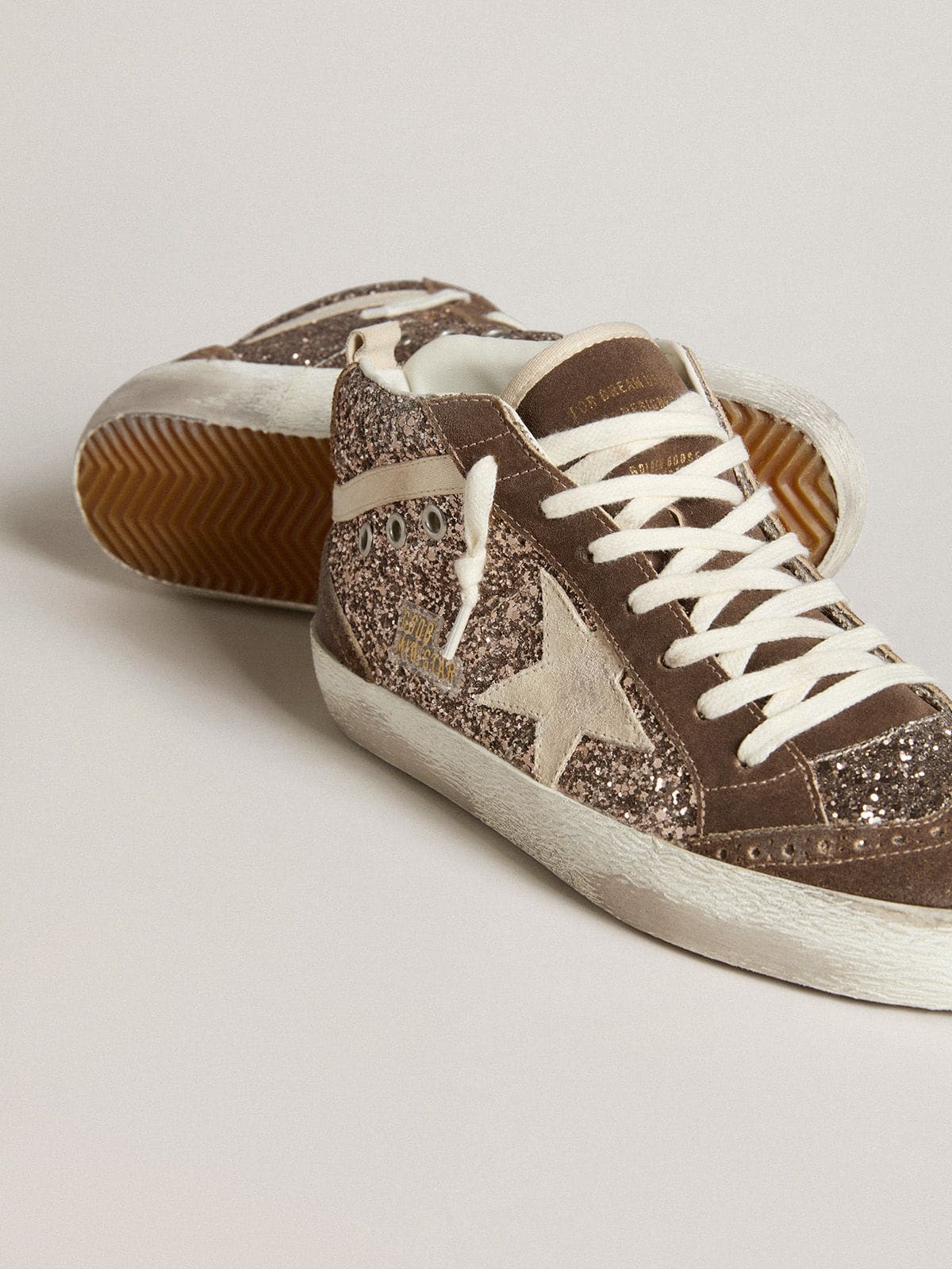 Golden Goose - Women's Mid Star in glitter with pearl suede star and brown suede inserts in 