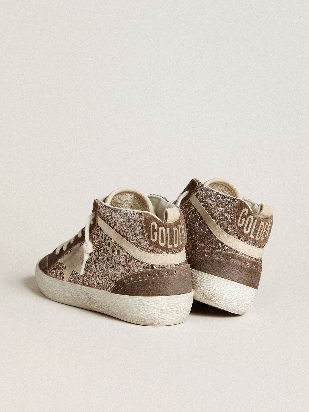 Golden Goose - Women's Mid Star in glitter with pearl suede star and brown suede inserts in 