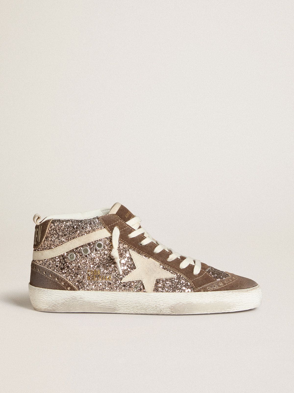 Golden Goose - Women's Mid Star in glitter with pearl suede star and brown suede inserts in 