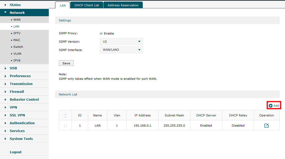 The location for creating a new LAN network on the Gateway's web interface in standalone mode.