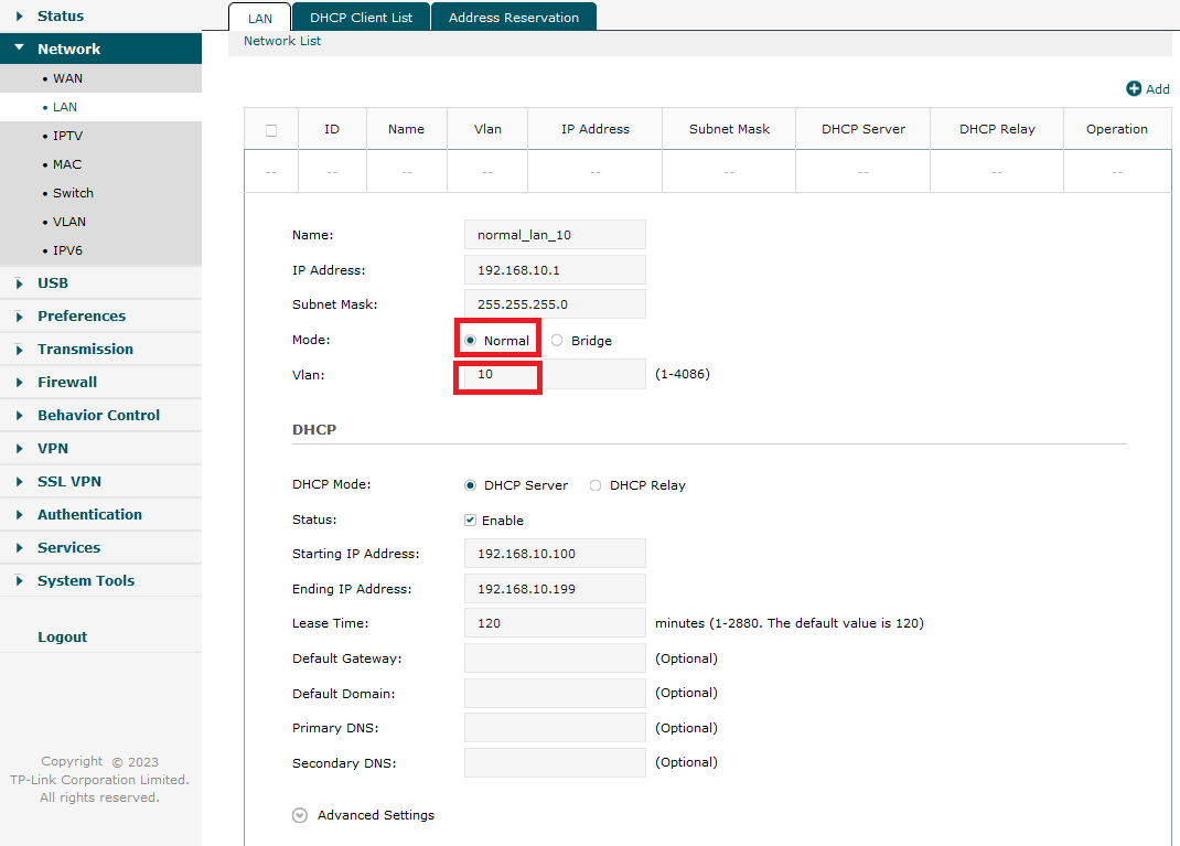 Configuration of LAN network, where you need to set the Mode and VLAN.