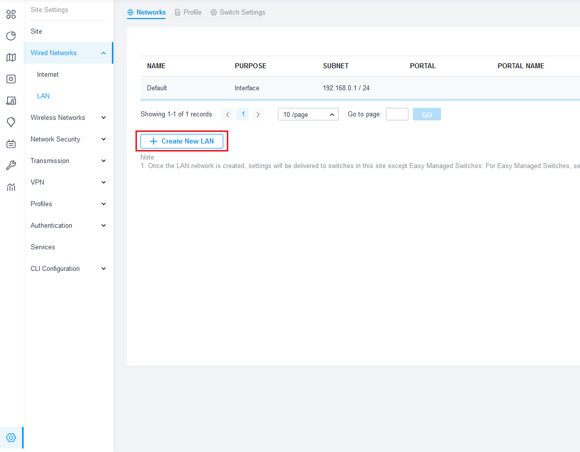 The location for creating a new LAN network on the Omada Controller web interface.