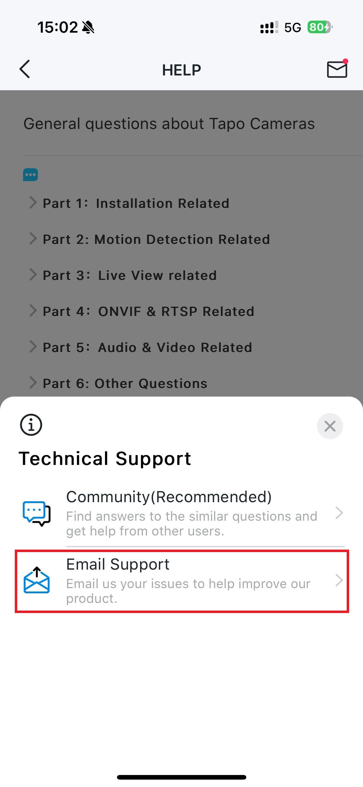 Screenshot guide for accessing Email support.