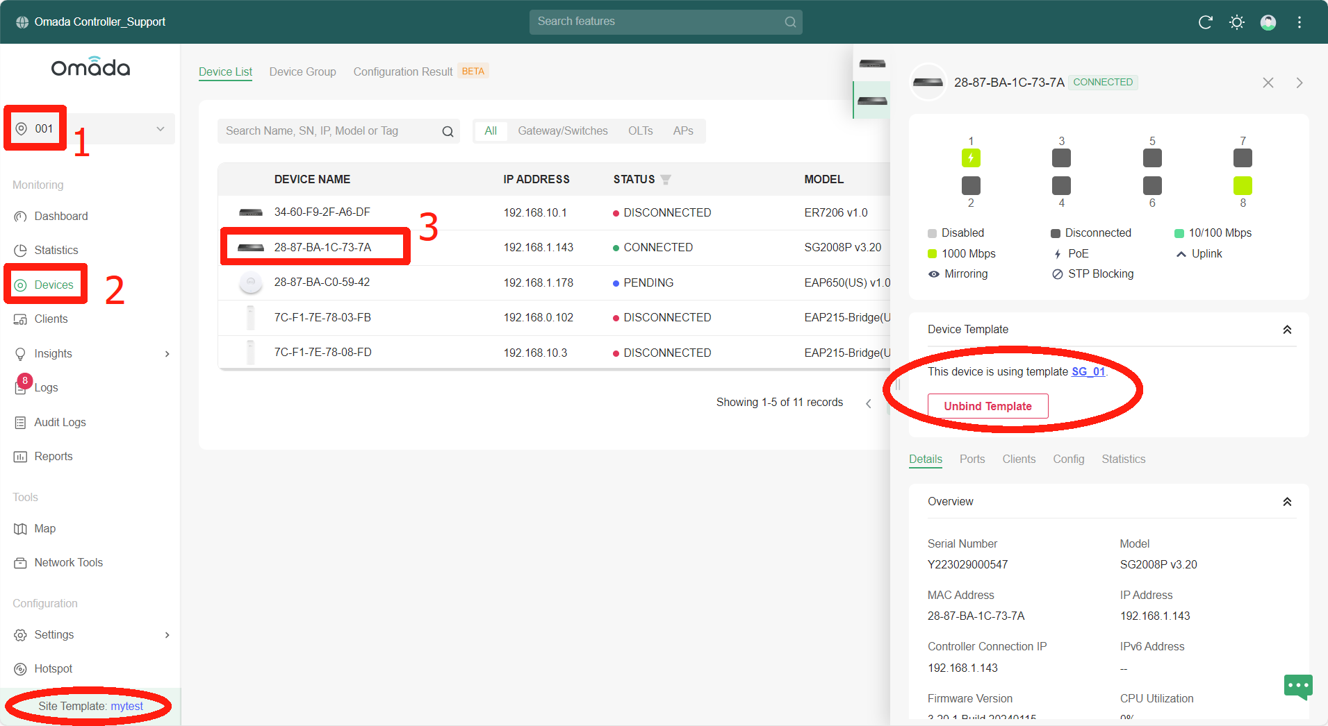 Alt text: Display the operation sequences to check the binding status of Omada devices in the site.