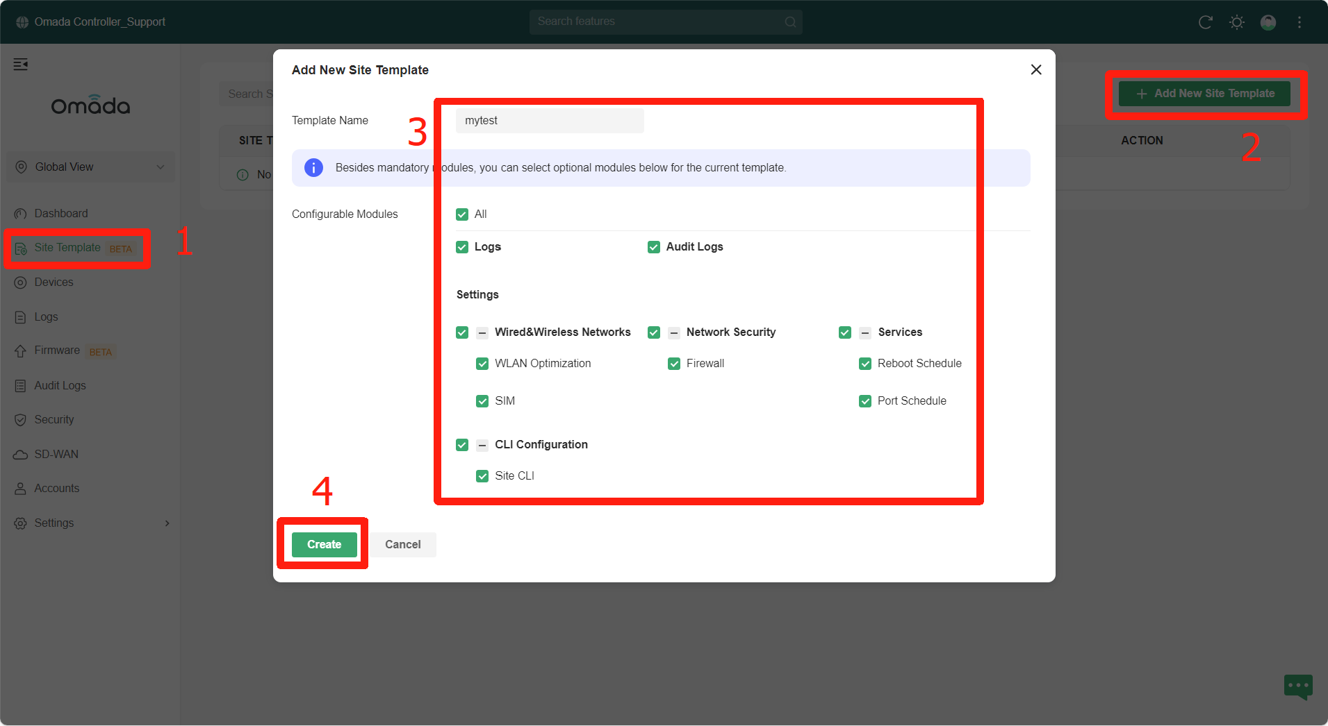 Alt text: Display the operation sequences to add new site template.