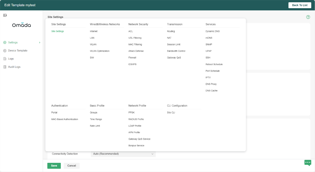 Alt text: Display the settings page in the site template.