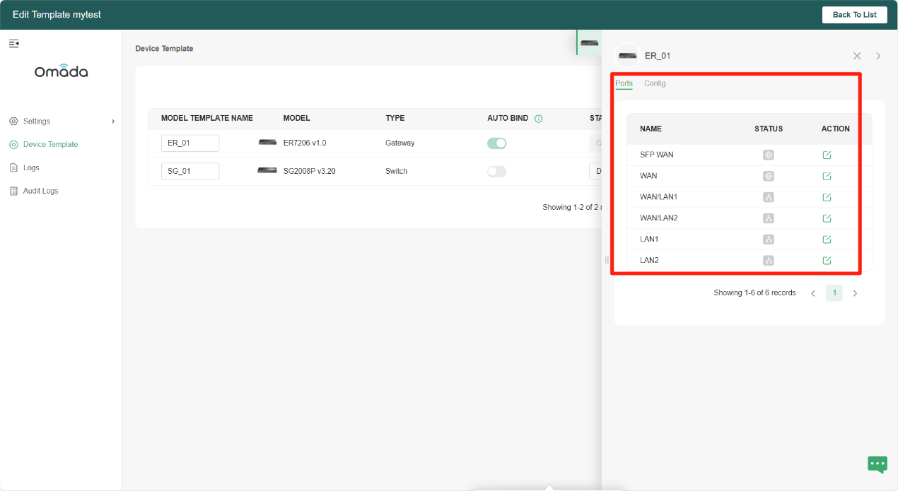 Alt text: Display the configurable items in the properties windows of Omada Gateway and Switch in device template.