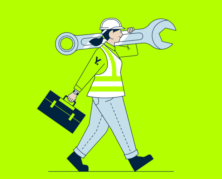 Maintenance - The illustration shows a woman carrying a toolbox and a large wrench, symbolizing maintenance.