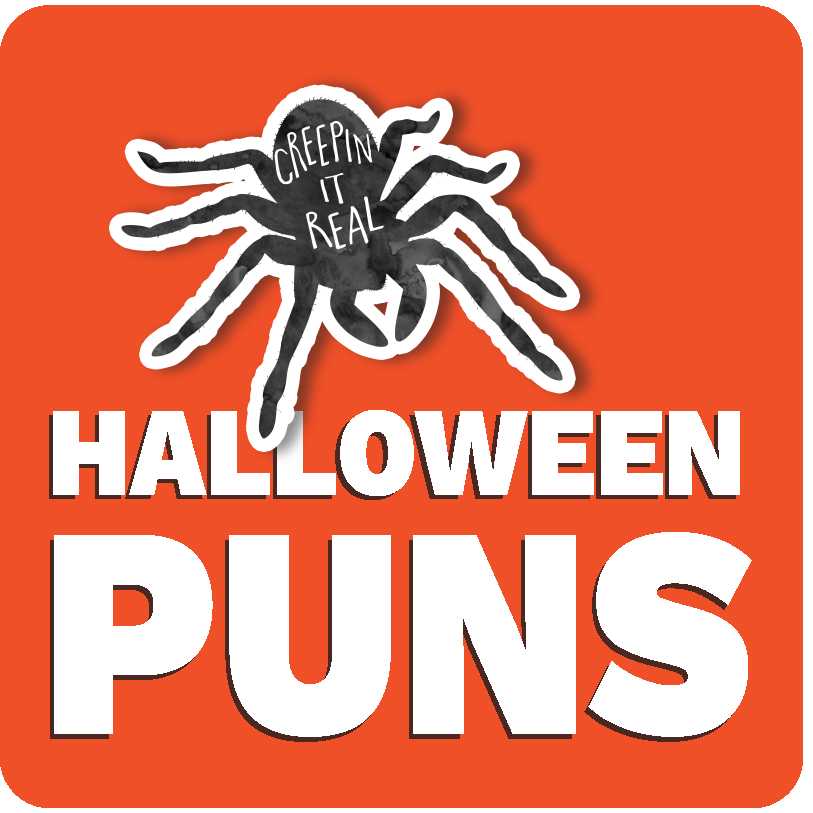 Funny stickers with Halloween puns, including a spider saying 'Creepin It Real'