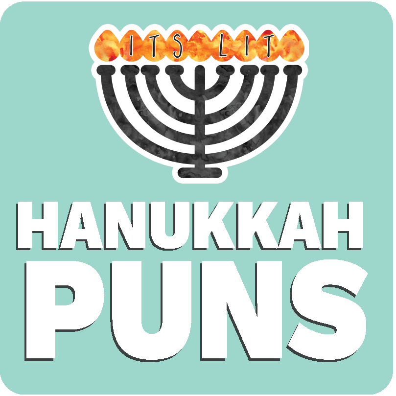 Funny stickers with Hanukkah puns featuring a menorah and the phrase 'It’s Lit'