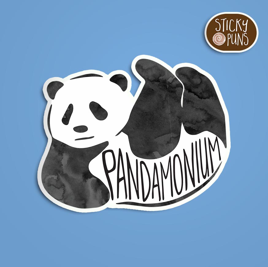 A pun sticker featuring the word 'Pandamonium' written on a panda illustration. Sticker is on a blue background with a sticky puns logo in the top right corner.