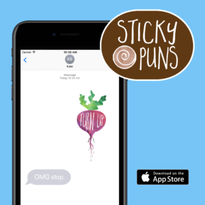 Sticky Puns iPhone text message sticker showing a colorful radish pun sticker that says 'Turnip' with App Store download badge and Sticky Puns logo