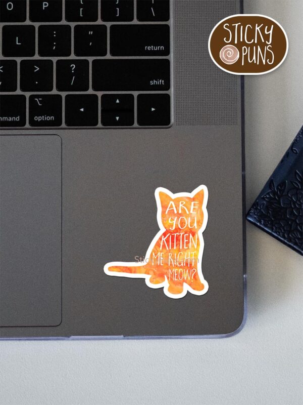 Are you KITTEN me right MEOW? pun sticker shown stuck on a laptop