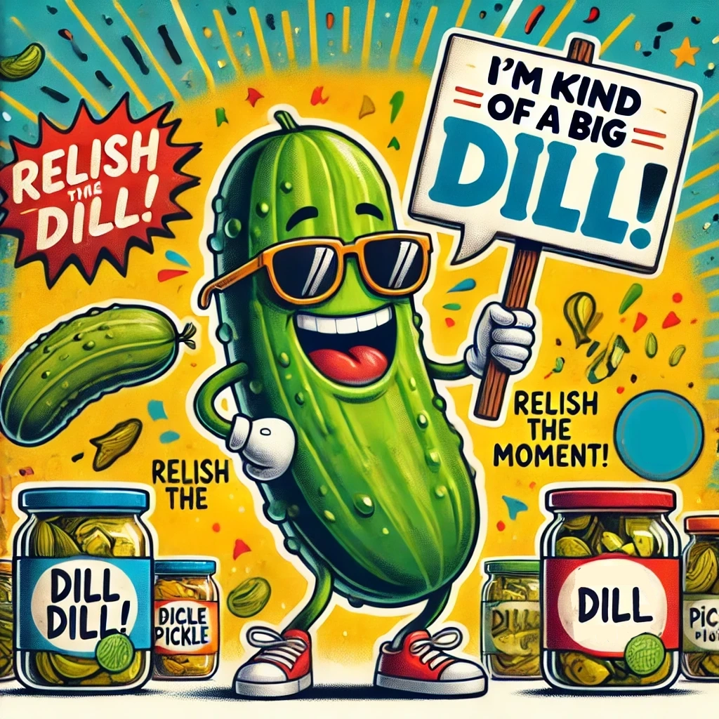 A smiling dill pickle character wearing sunglasses, surrounded by playful bursts of color and jars of pickles, illustrating the fun theme of dill pickle puns.