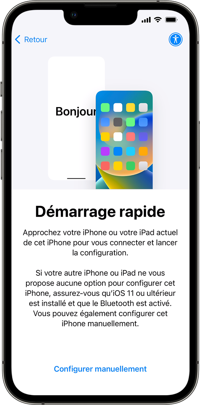 Un nouvel iPhone affichant l’écran Démarrage rapide. Les instructions vous invitent à approcher votre appareil actuel du nouveau.