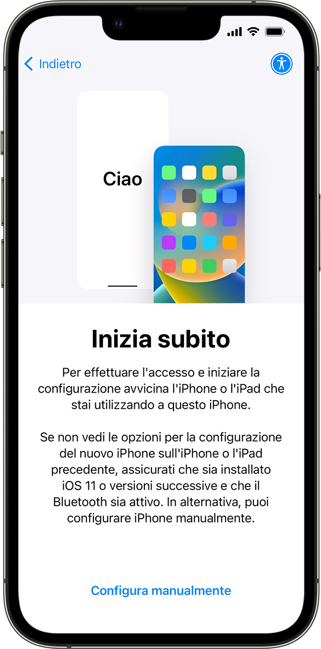 Un nuovo iPhone che mostra la schermata Inizia subito. Le istruzioni chiedono di avvicinare il vecchio dispositivo a quello nuovo.