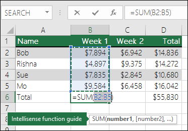 تعرض الخلية B6 صيغة Sum "جمع تلقائي": ‎=SUM(B2:B5)‎