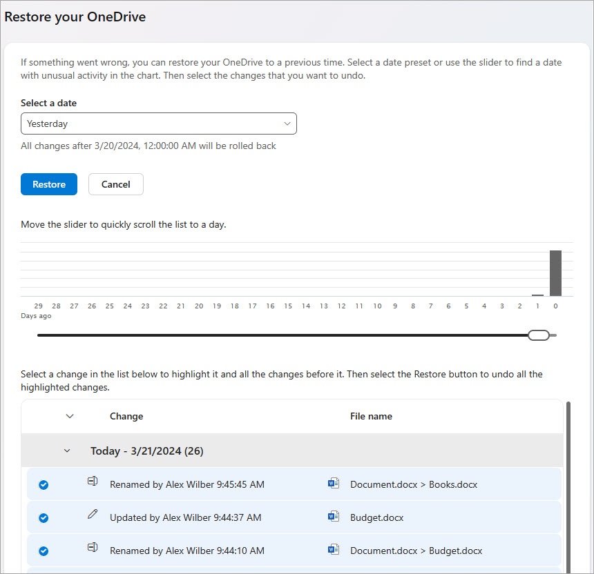 استعادة أنشطة ملف OneDrive.