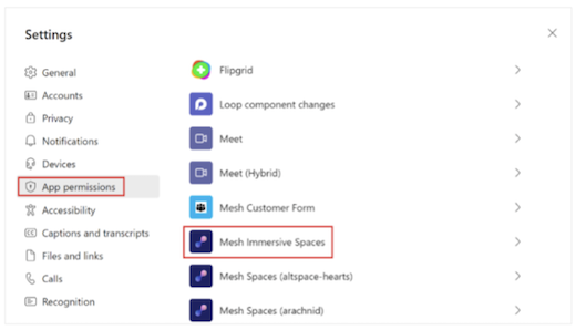 أذونات التطبيق ل Mesh