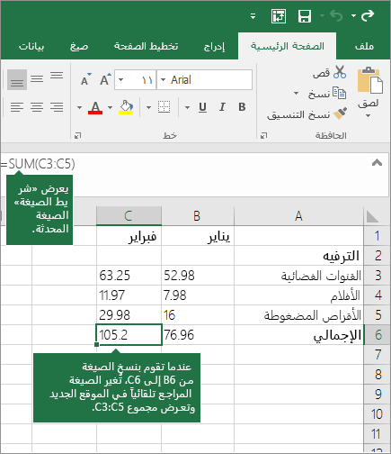 عند نسخ صيغة، يتم تحديث مراجع الخلايا تلقائيا