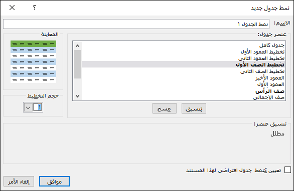 خيارات حوار نمط جدول جديد لتطبيق أنماط مخصصة على أحد الجداول