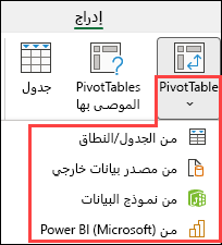 تحديد مصدر PivotTable