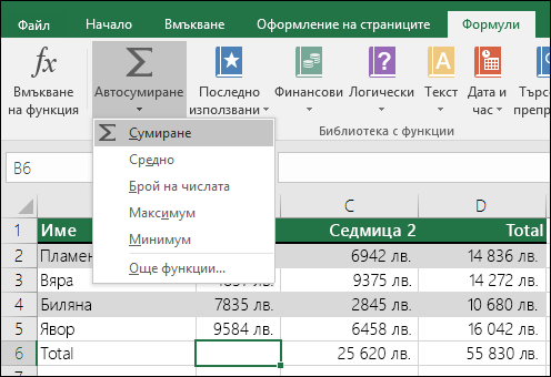 Можете да използвате съветника за автосумиране за автоматично изграждане на формула Sum.  Изберете диапазон над/под или отляво/отдясно на диапазона за сумиране и отидете на раздела "Формули" на лентата, след което изберете "Автосумиране" и "Сумиране".