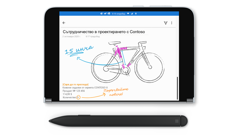 Surface Duo с чертеж в OneNote и перо с тънък фон до него