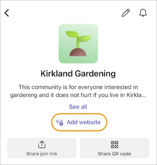 Изберете Добавяне на връзка в описанието на общността, за да добавите връзка към уеб сайт.