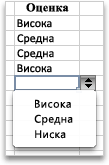 Падащ списък със стойности "Високо", "Средно" и "Ниско"