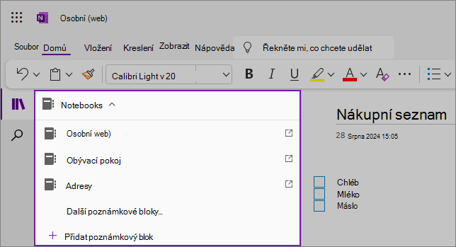 Snímek obrazovky s rozevíracím seznamem příkladů poznámkových bloků OneNotu