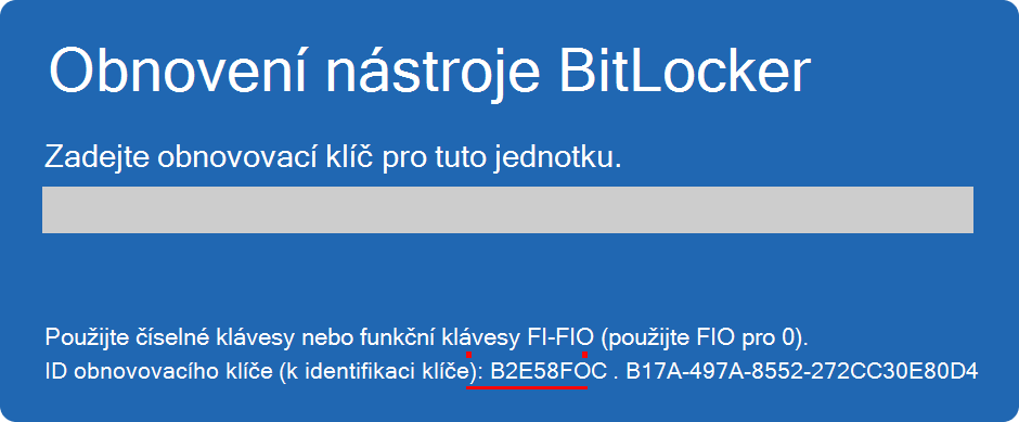 Snímek obrazovky nástroje BitLocker pro obnovení se zvýrazněním ID klíče