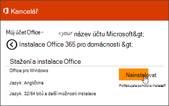 Snímek obrazovky s instalační stránkou na stránce účtu