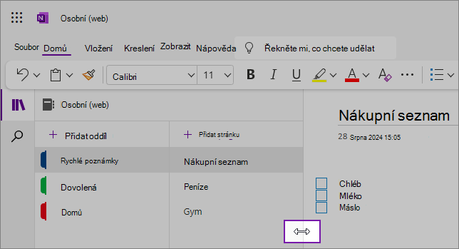 Snímky obrazovky ukazující, jak změnit velikost navigačních podoken OneNotu