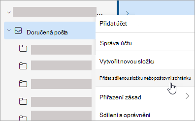 Snímek obrazovky znázorňující výběr možnosti Přidat sdílenou složku nebo poštovní schránku