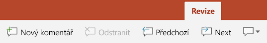 Karta Revize na pásu karet v PowerPointu pro tablety s Androidem obsahuje tlačítka pro práci s komentáři.