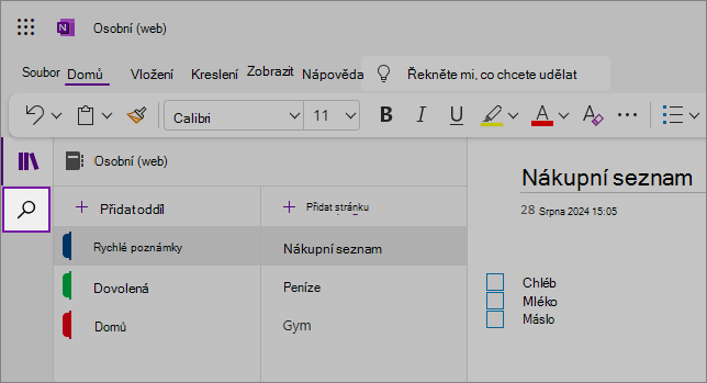 Zobrazení webového uživatelského rozhraní OneNotu zobrazující oblast obsahu