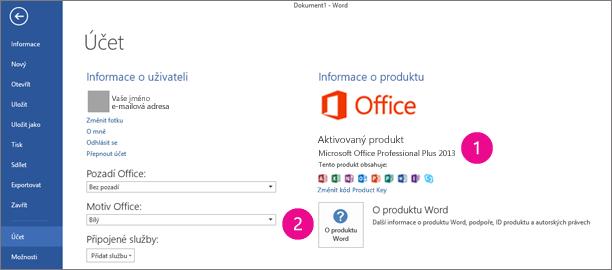 Soubor > Účet ve Wordu 2013