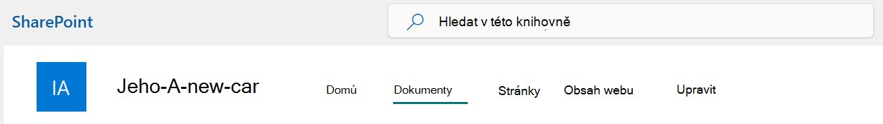 Nabídka horního panelu webu SharePointu s vybranou možností Dokumenty